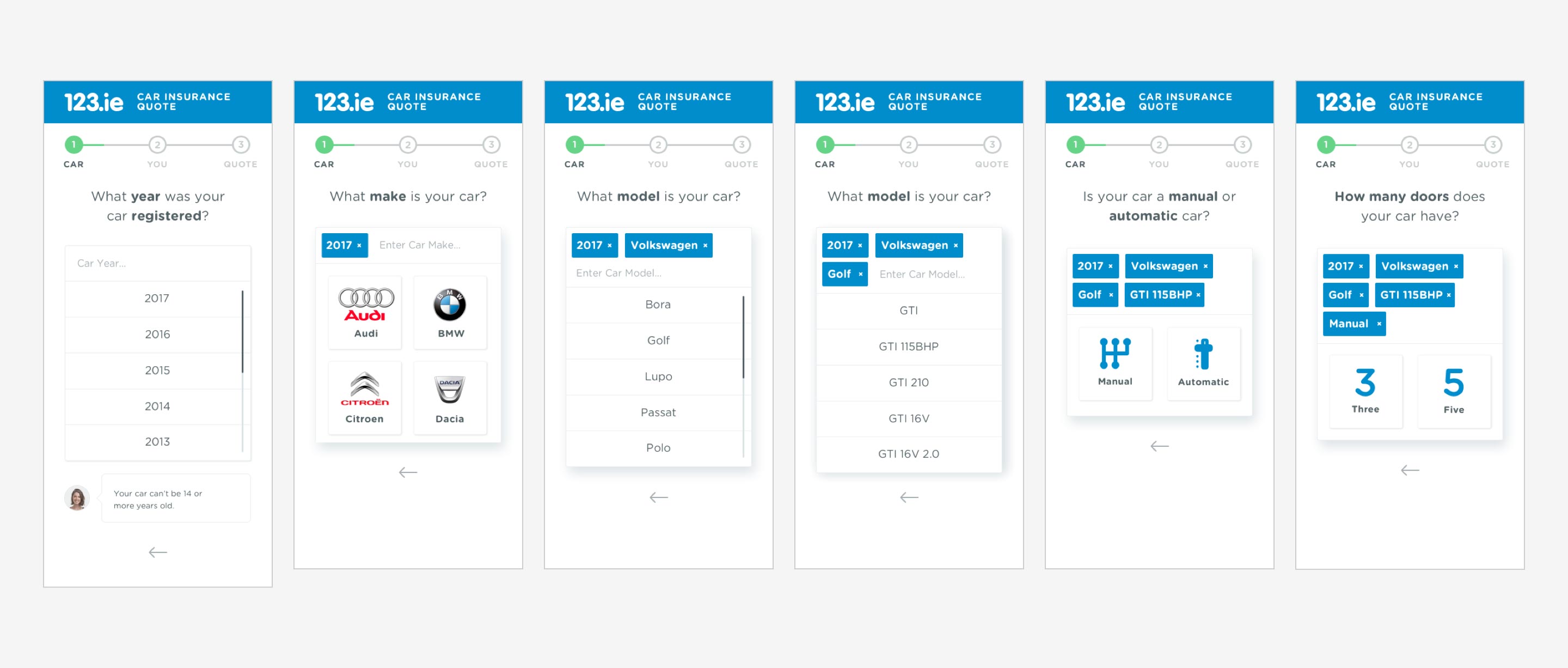 Step by step motor quote user flow