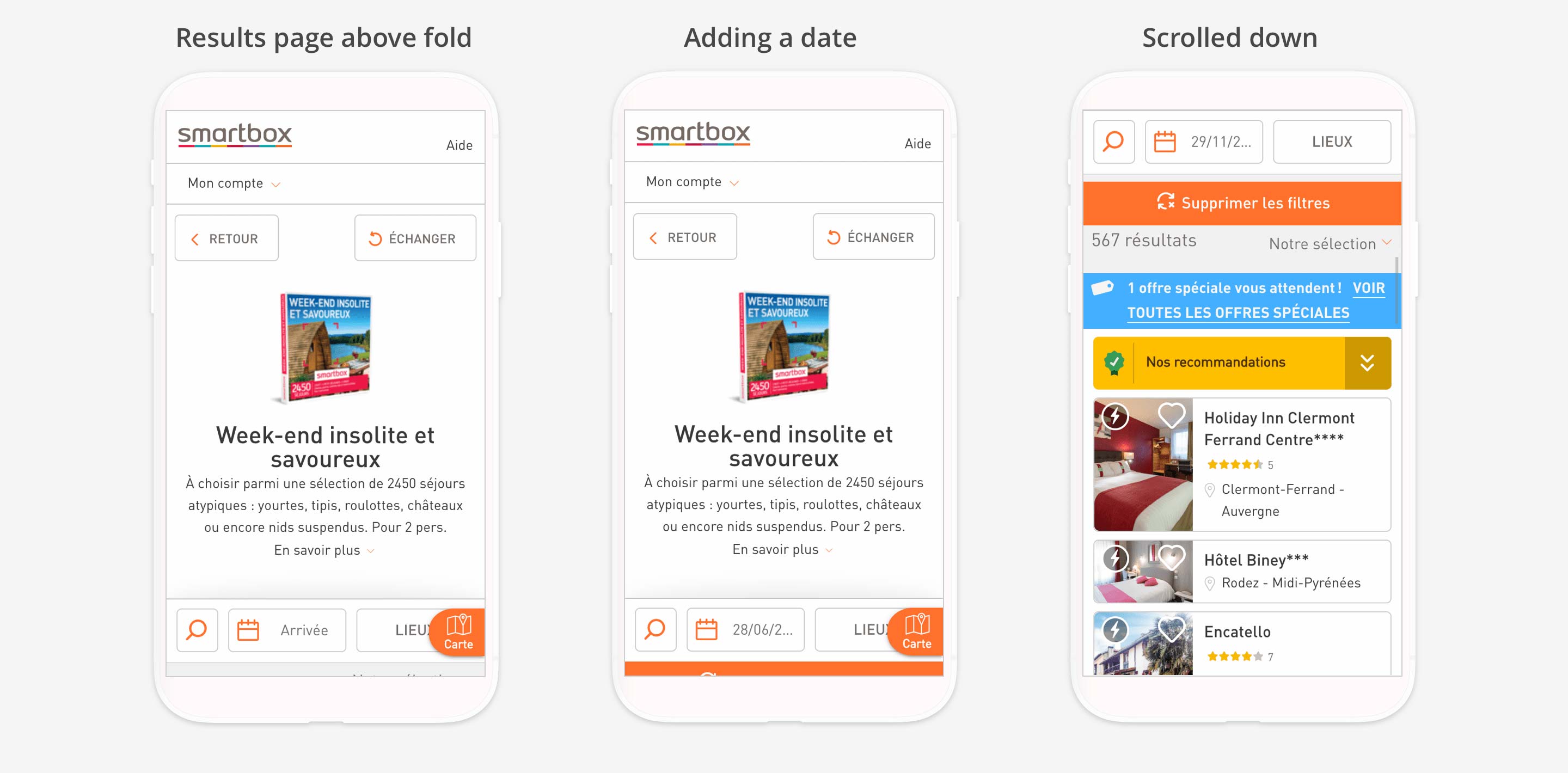 Mobile screens with and without dates